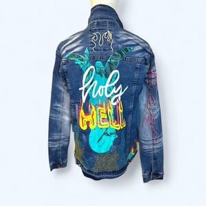 Original fables NWT mens unisex Holly Hell embroidered distressed jean jacket‎